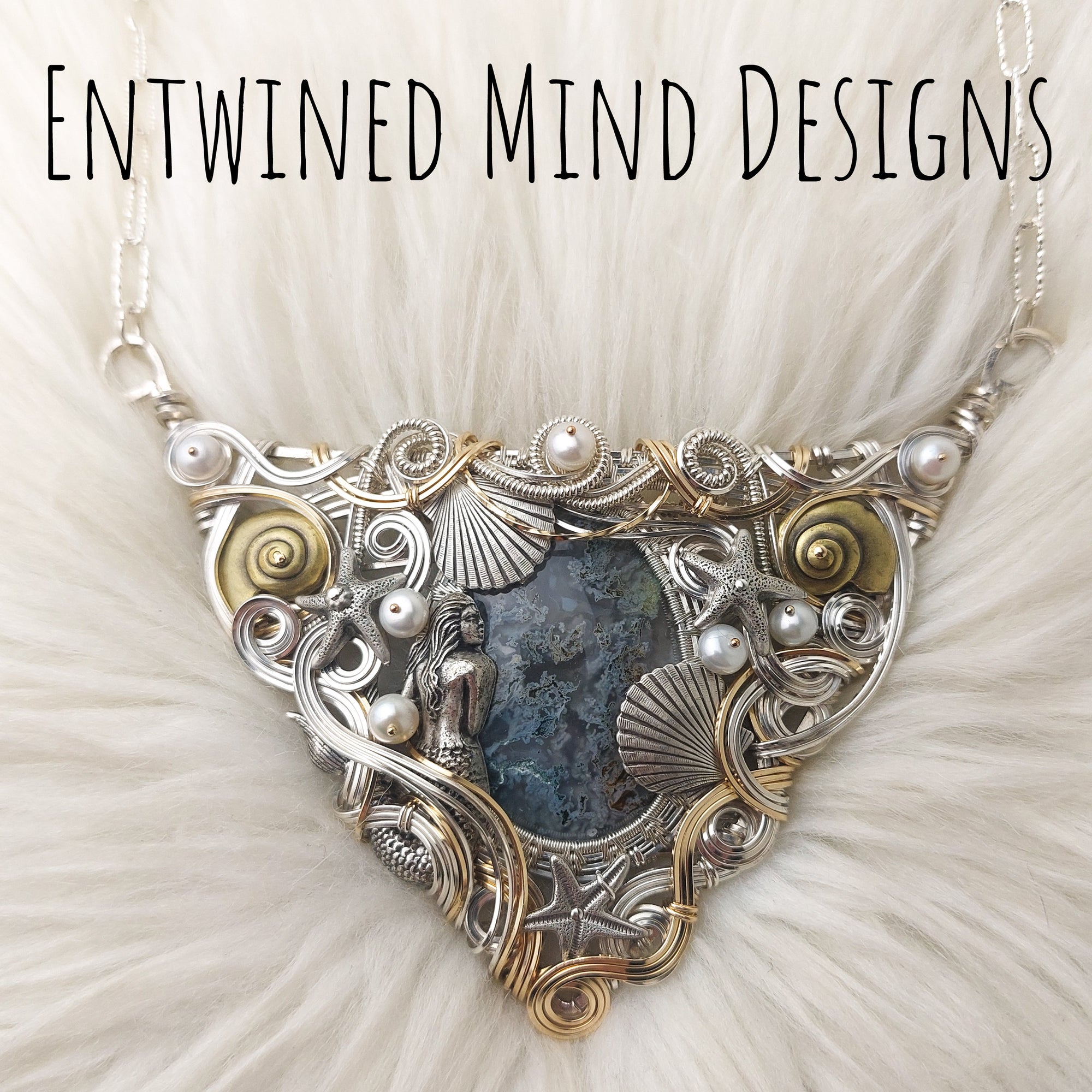 "Mermaid Garden" Sterling Silver, Moss Agate, and 14k Gold fill Statement Necklace