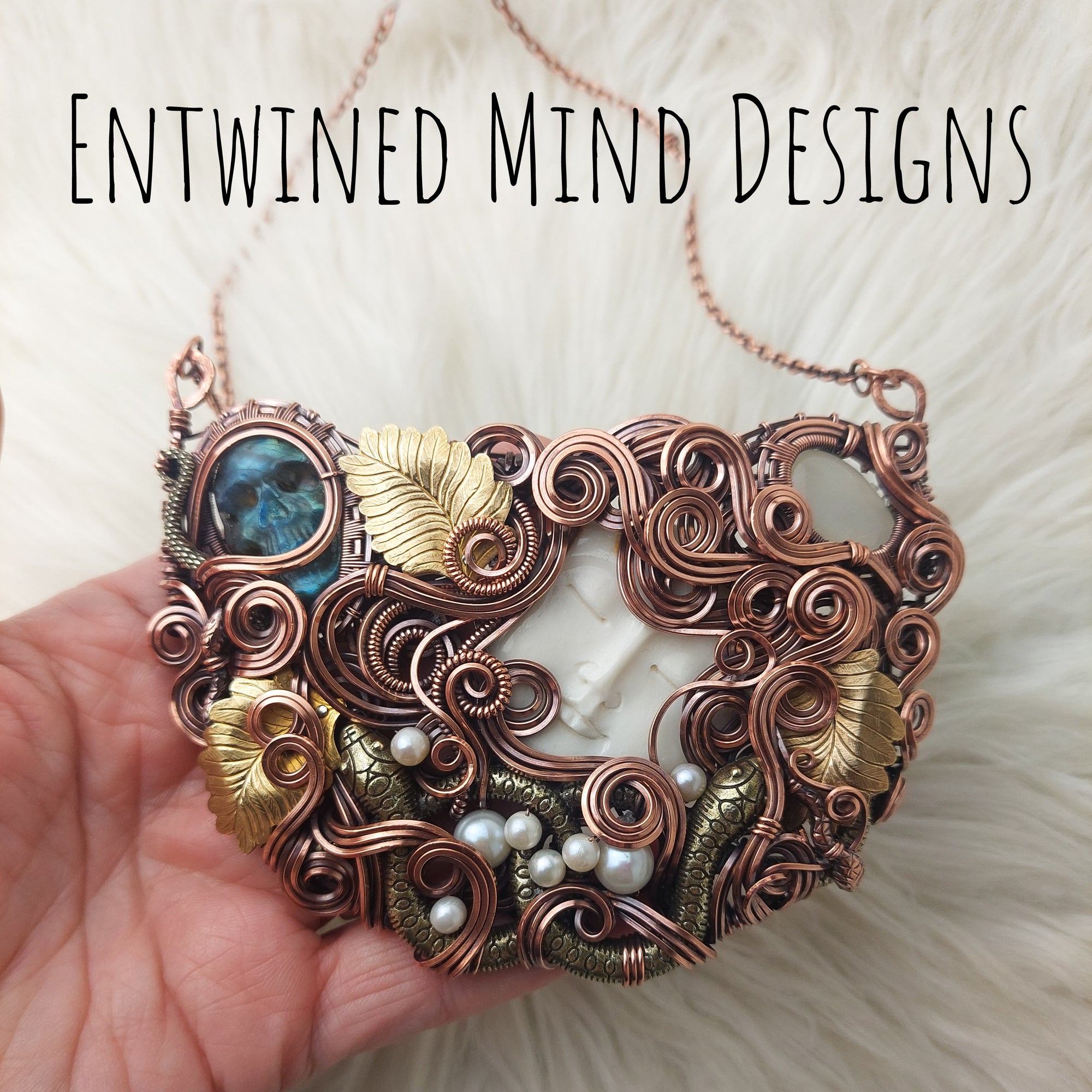 "Eden" Labradorite, Freshwater Pearl, Brass, Moonstone, And Copper Statement Necklace
