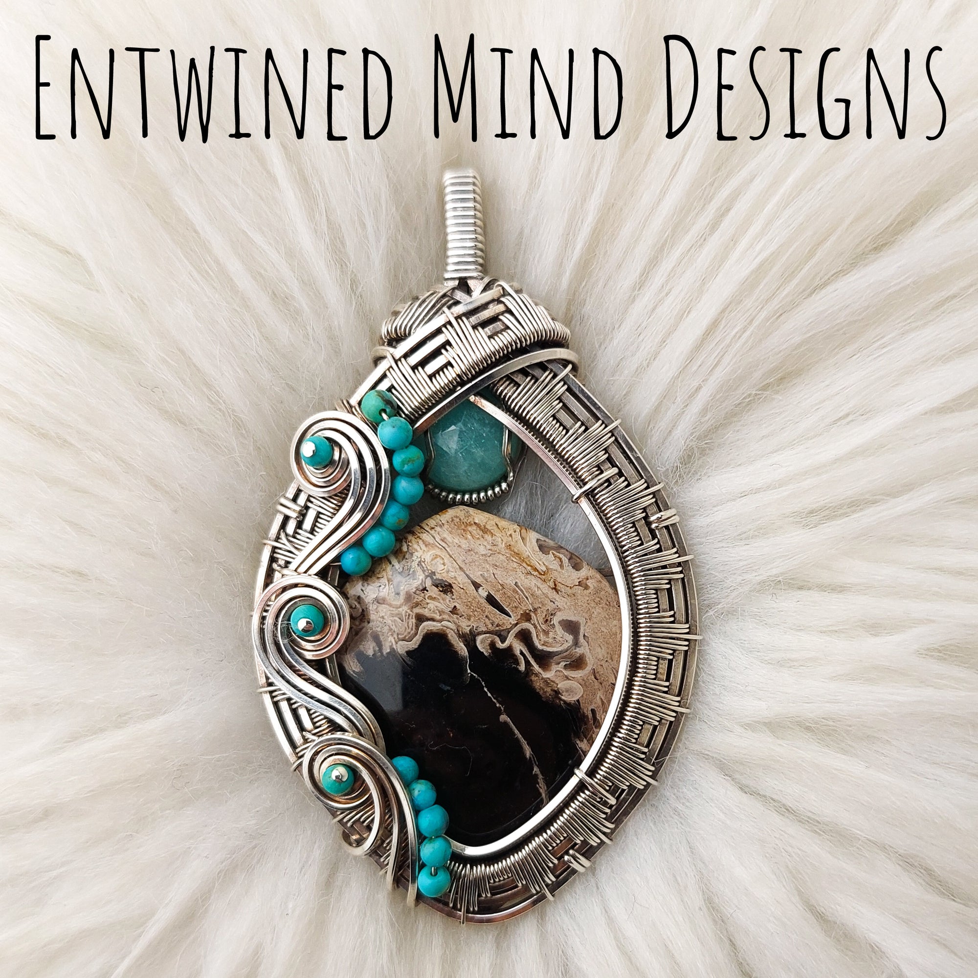 Turquoise and Fossilized Palm Root Agate Statement Pendant In Sterling Silver