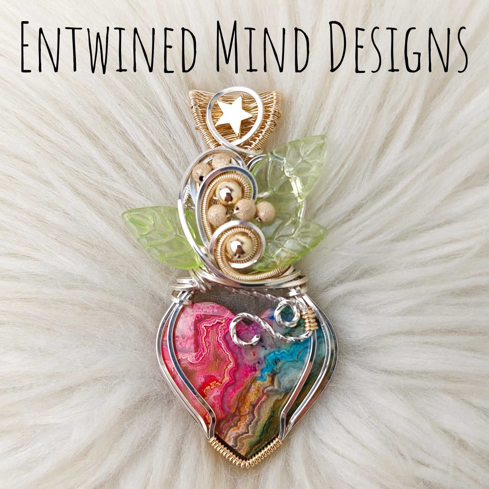 Dyed Lace Agate, Sterling Silver, and 14k Goldfilled Heart Pendant