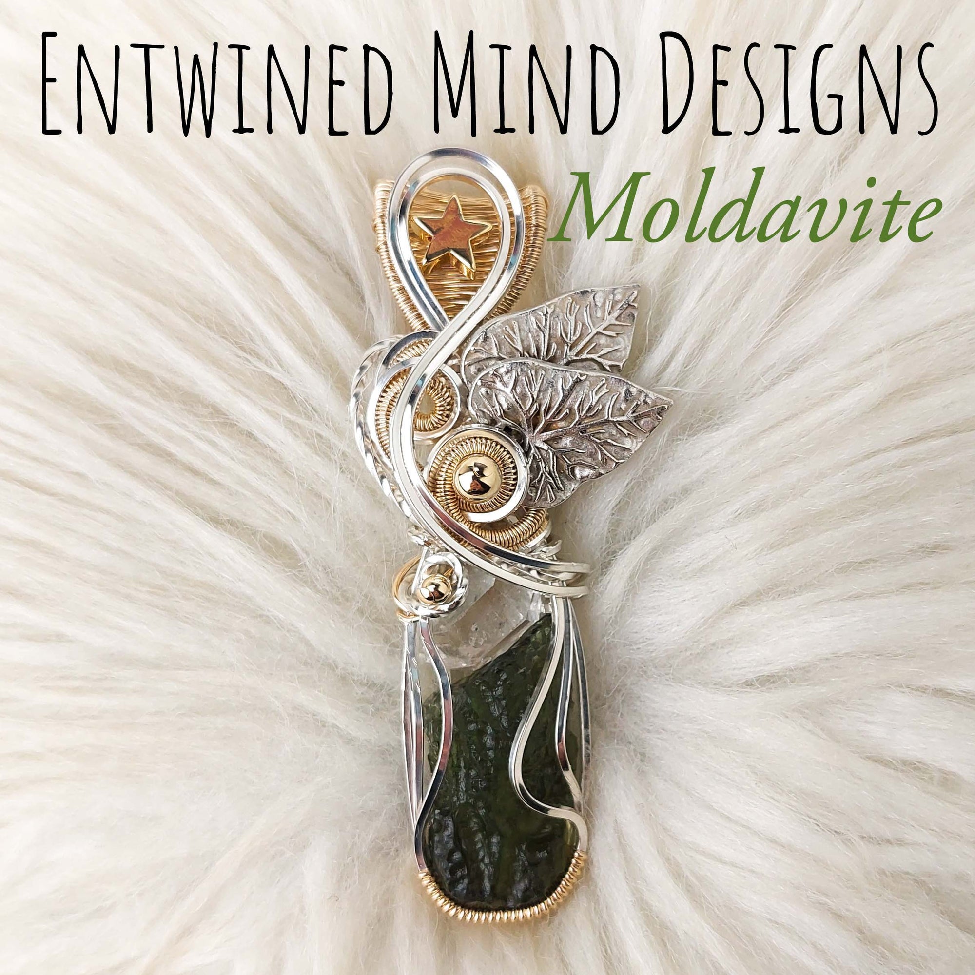 Moldavite And Herkimer Diamond Sterling Silver, and 14k Gold Fill Statement Pendant
