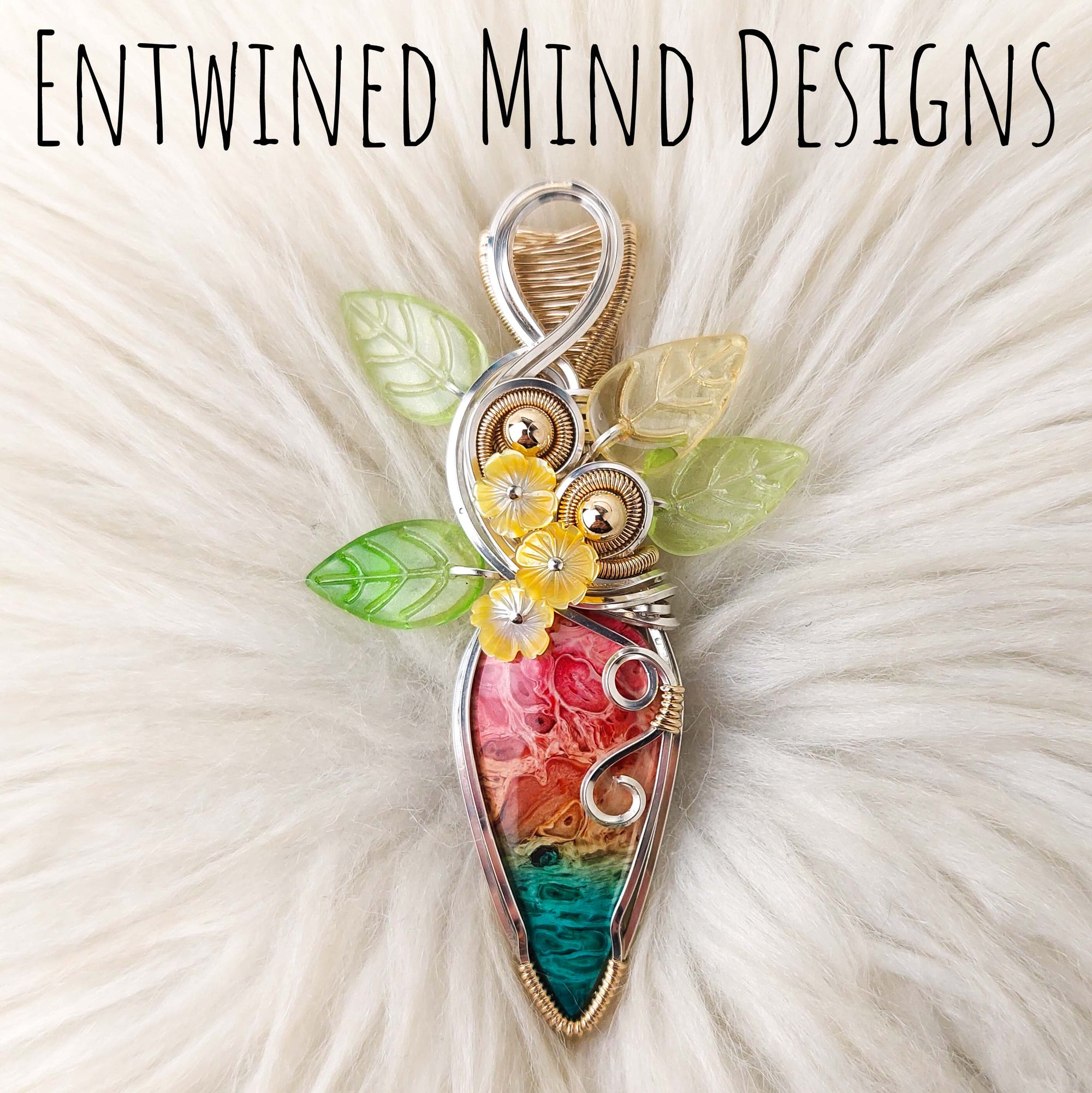 Dyed Fossilized Palm Root, Sterling Silver, and 14k Goldfilled Pendant