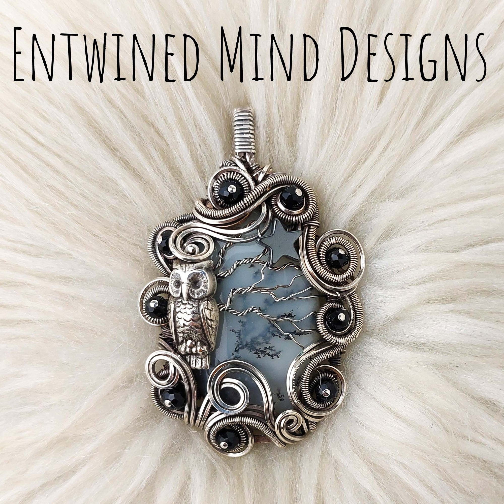 Owl, Dendritic Opal and Sterling Silver Statement Pendant