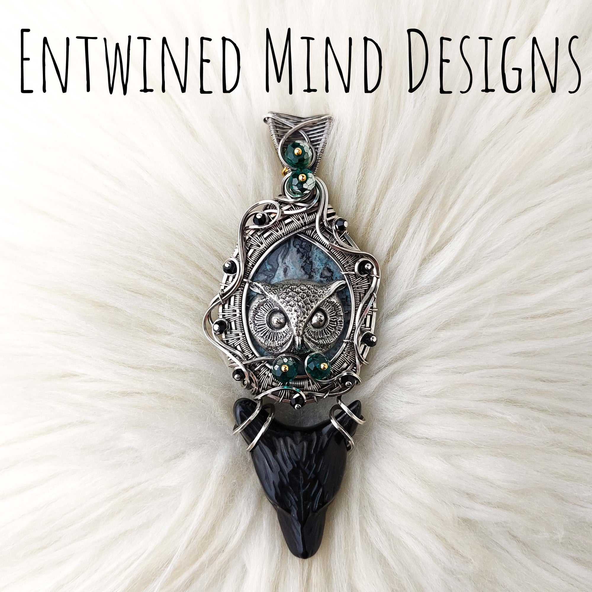 Agate Wolf And Owl Pendant In Sterling Silver