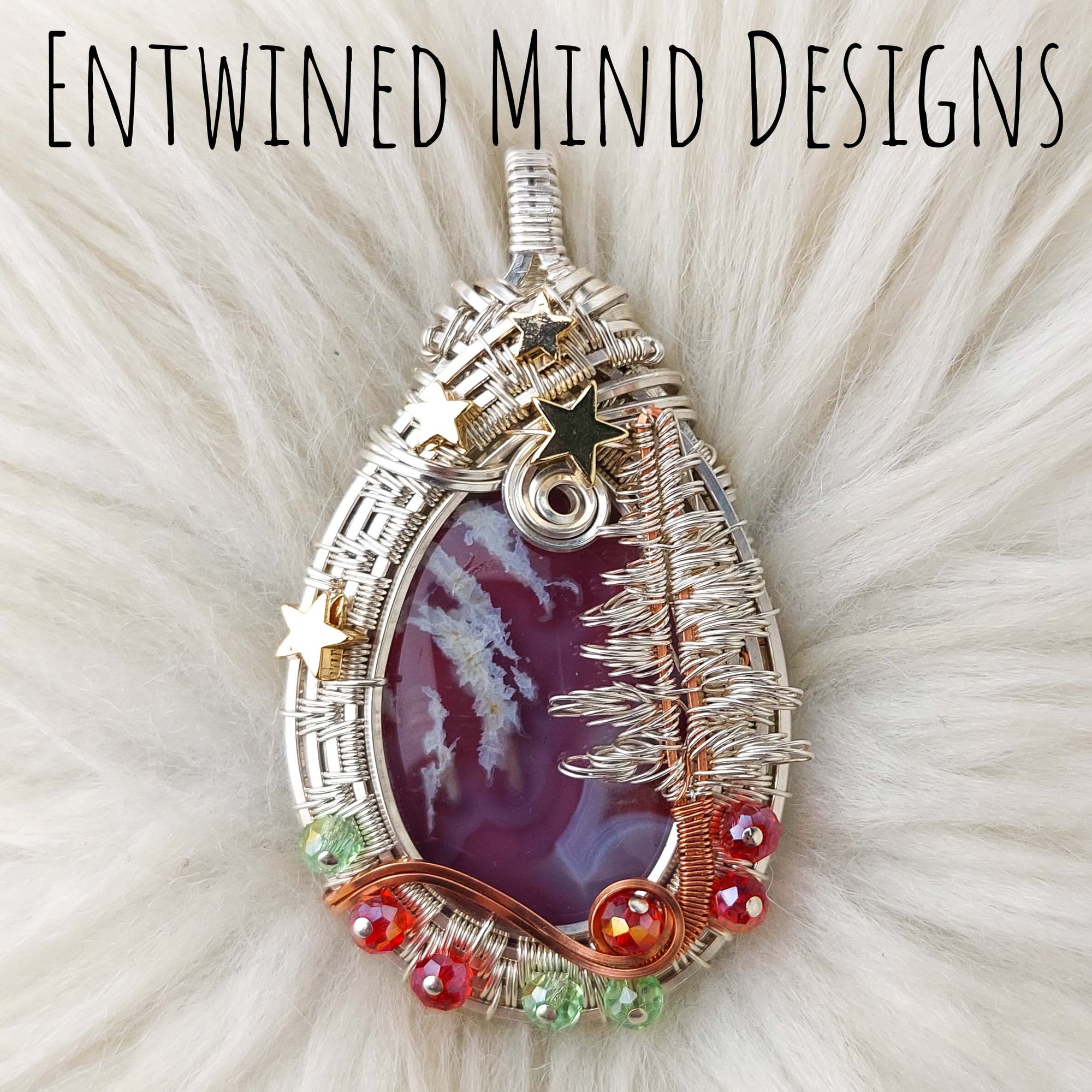 Christmas Tree And Red Aurora Plume Agate Doublet And Sterling silver Heart Pendant