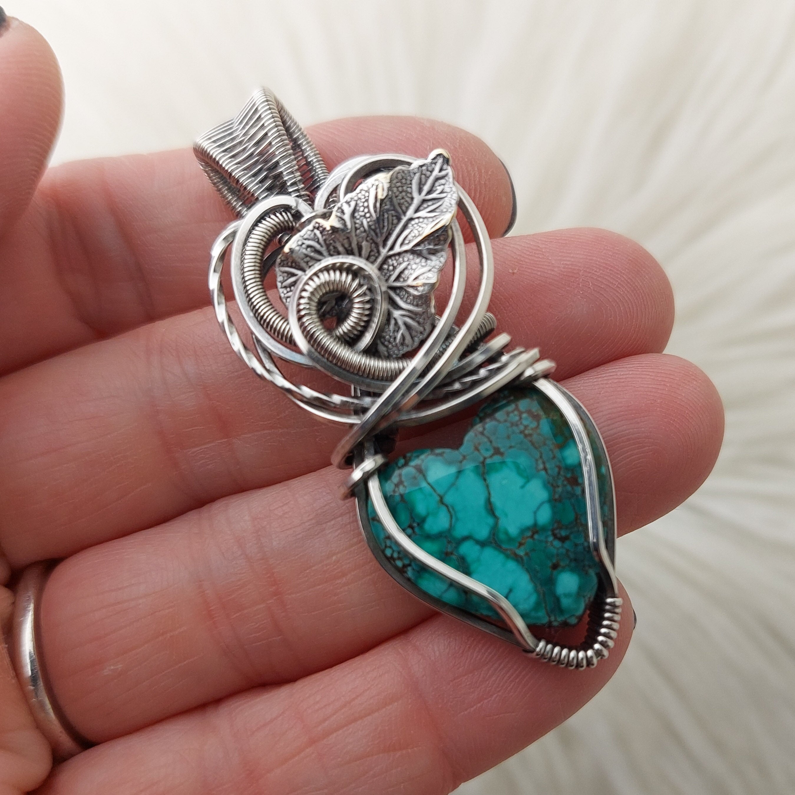 Open Sterling silver orders heart pendant with turquoise on Silver chain Hand stampedNew Mexico studio