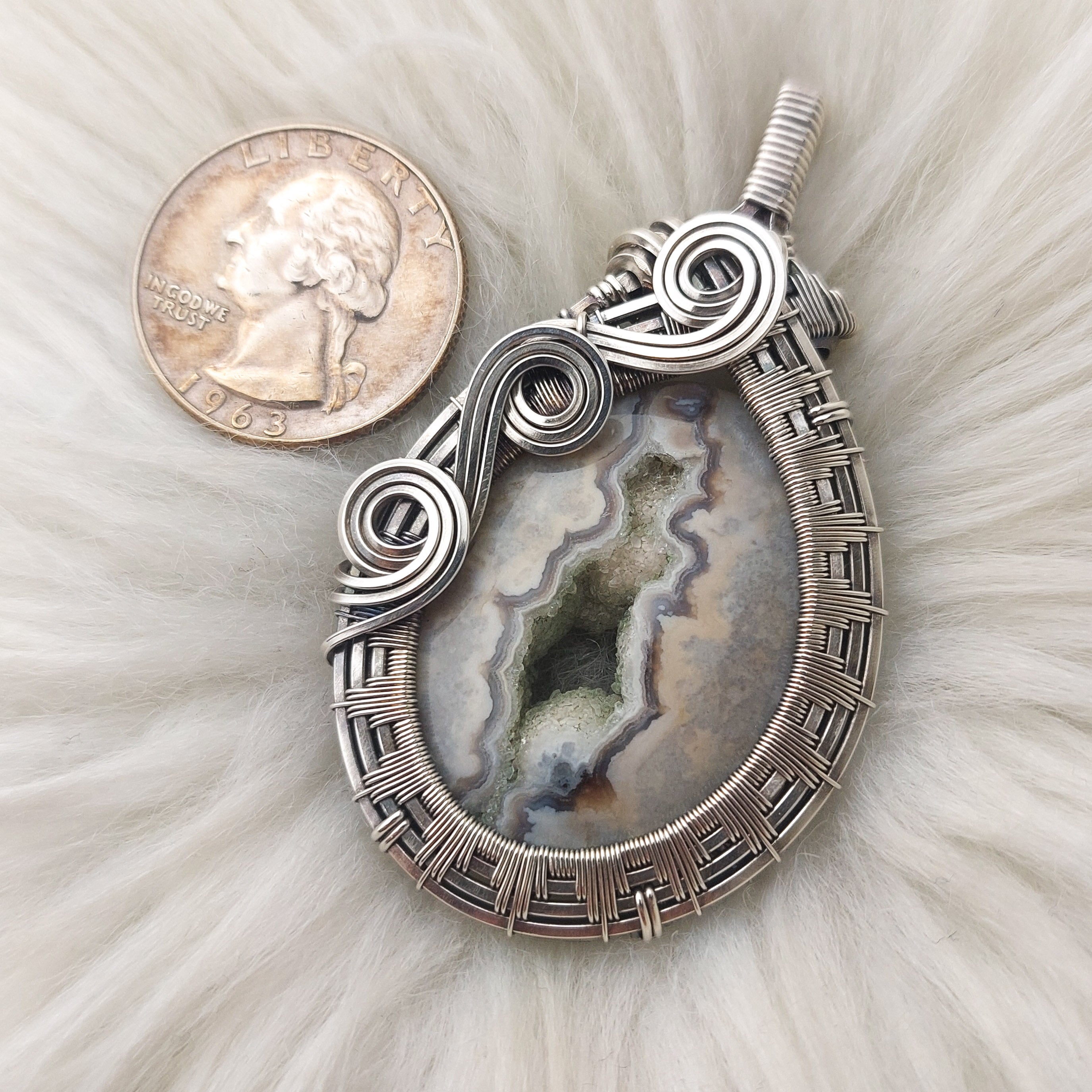 FREEFORM HANDMADE PENDANT..Plume Agate with Tiny Drusy in Center. Set in Sterling Silver 66.0 x 37.5 mm..Comes with Sterling Silver good Chain