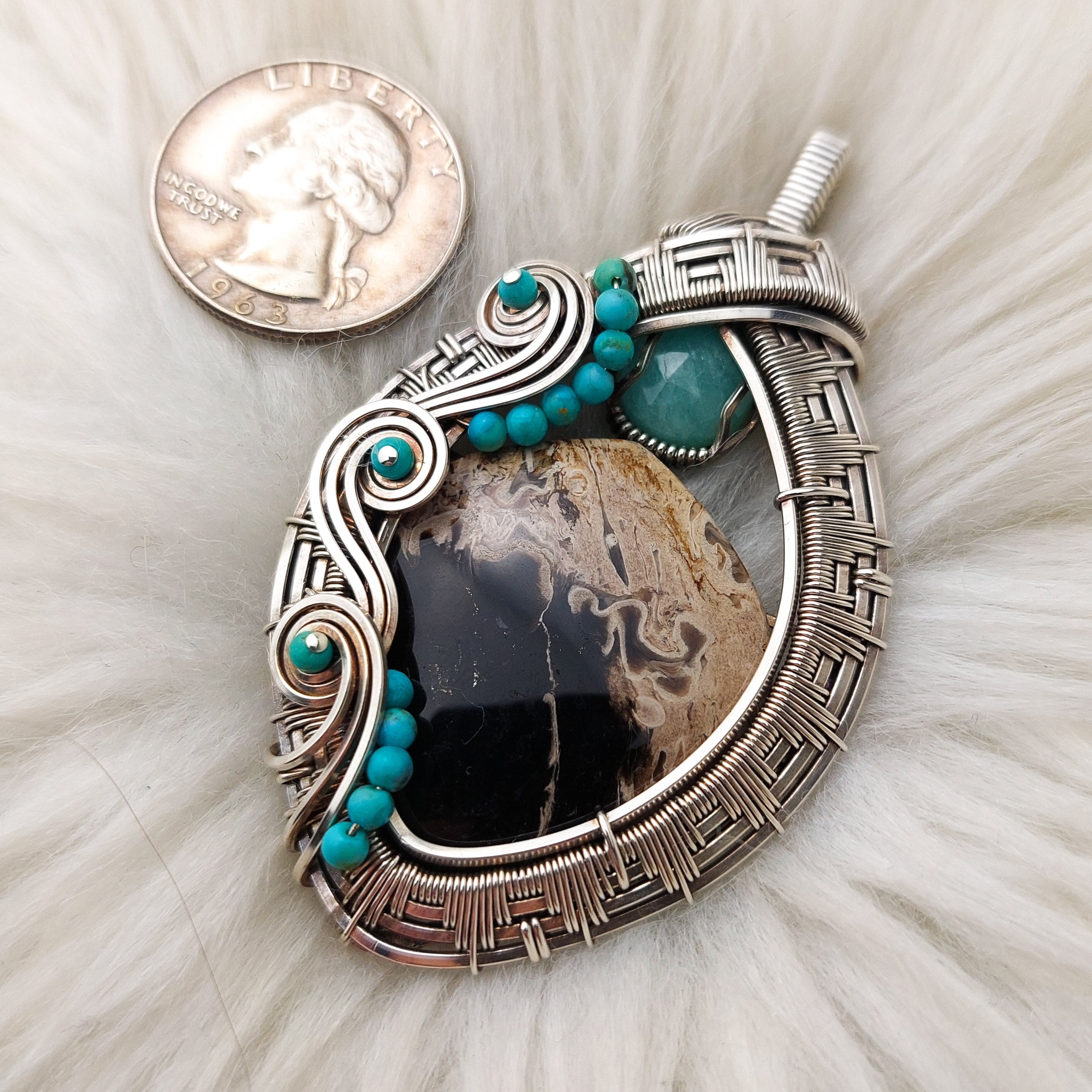 Turquoise Slab high quality Agate Pendant with raw white coral, turquoise seeds, Peru Opal Be