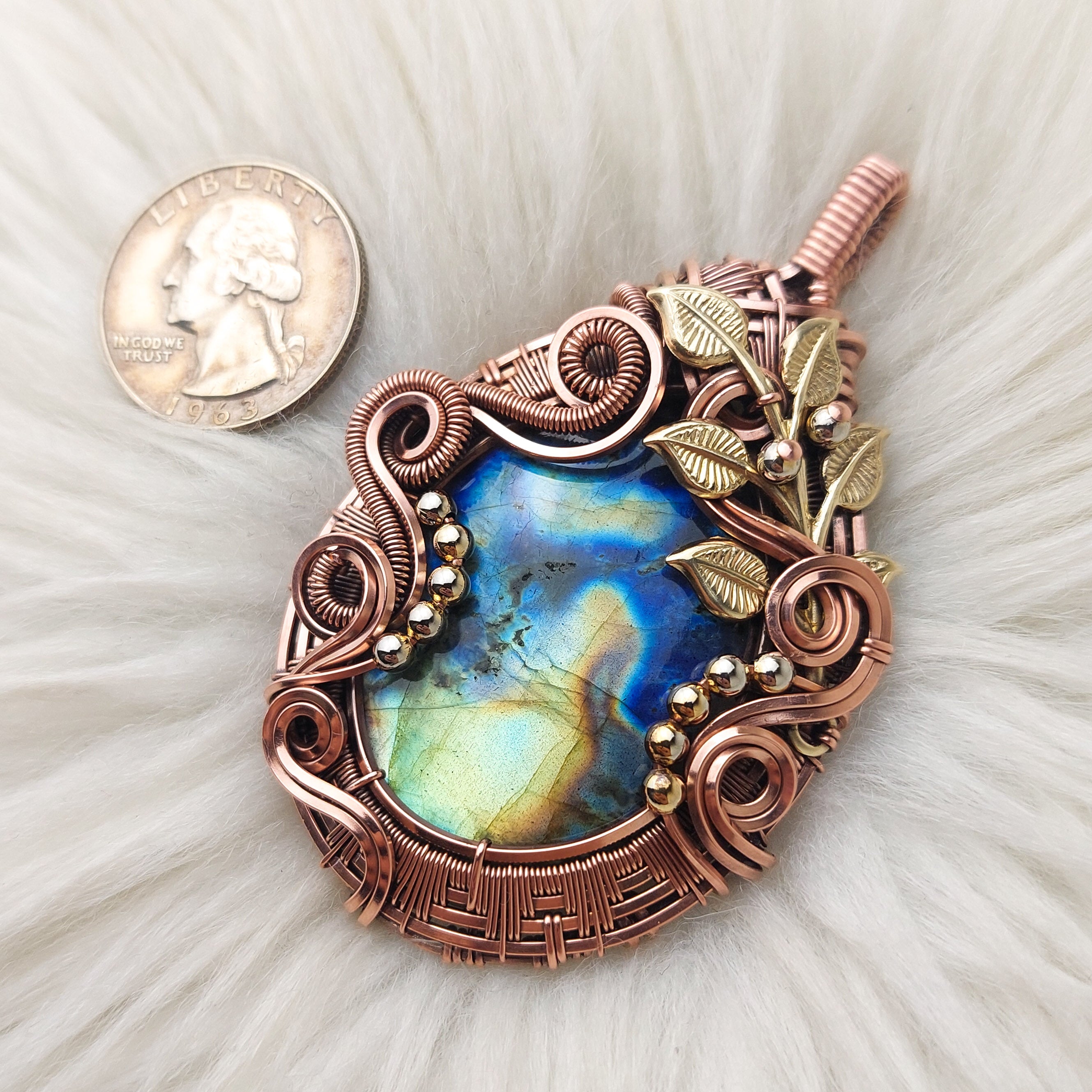 Oren: unique handmade statement elven healing talisman pendant necklace hot with genuine blue labradorite crystal in antiqued copper wire