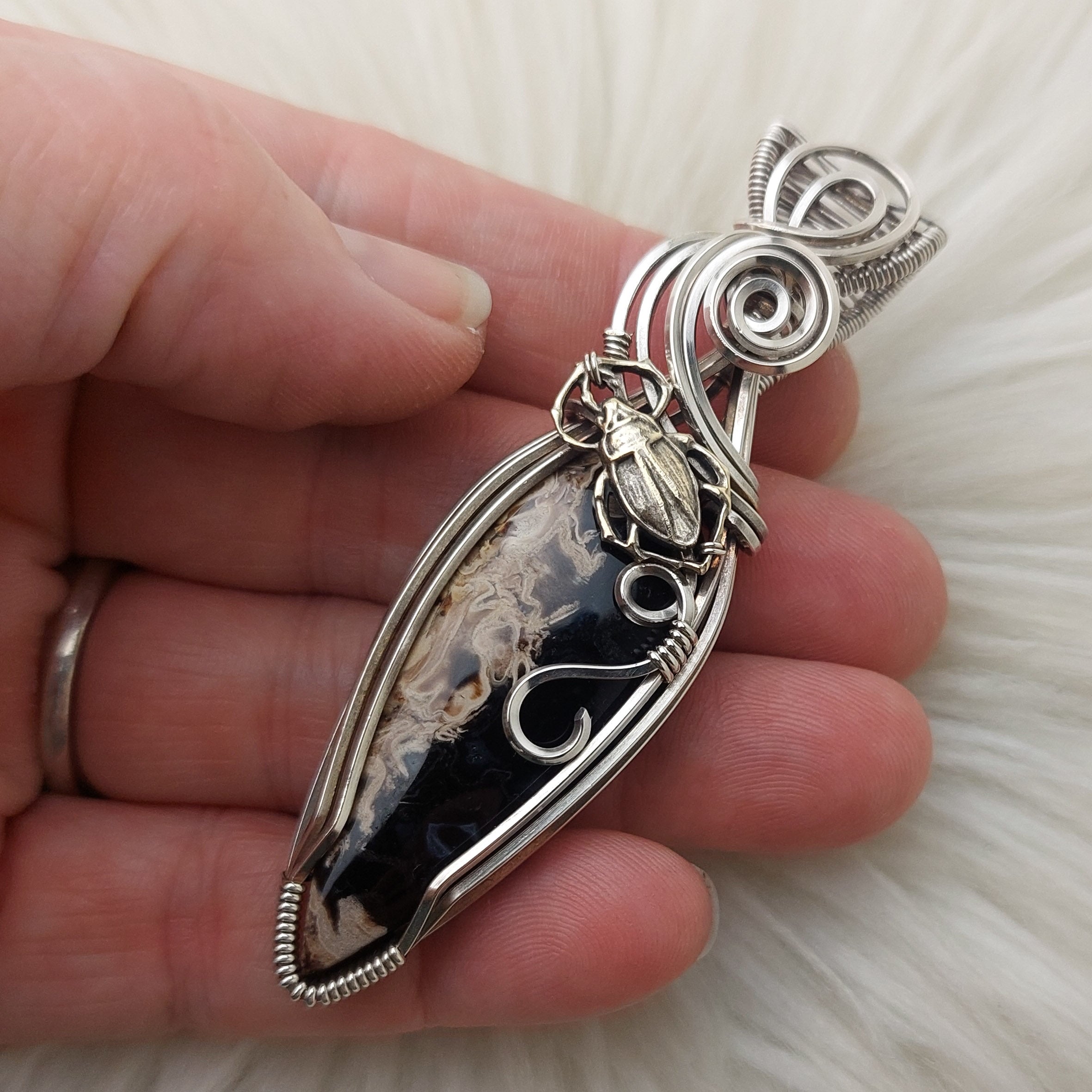 Fine store Silver Brachiopod Fossil Impression & Carnelian Pendant