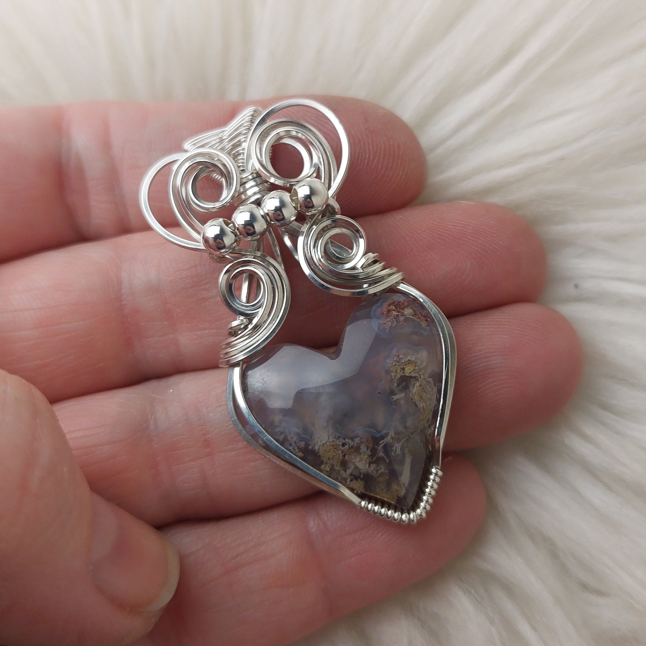 Wire wrapped pendant with hot Aventurine crystal heart, sterling silver, unique gift