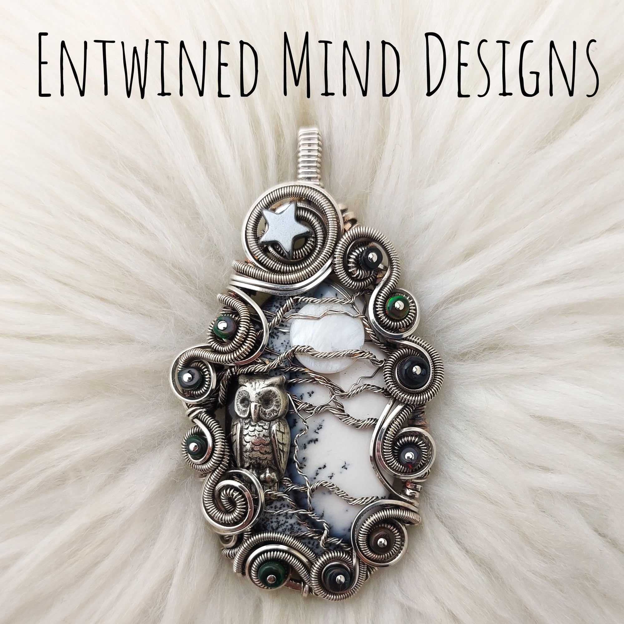 Owl, Dendritic Opal and Sterling Silver Statement Pendant