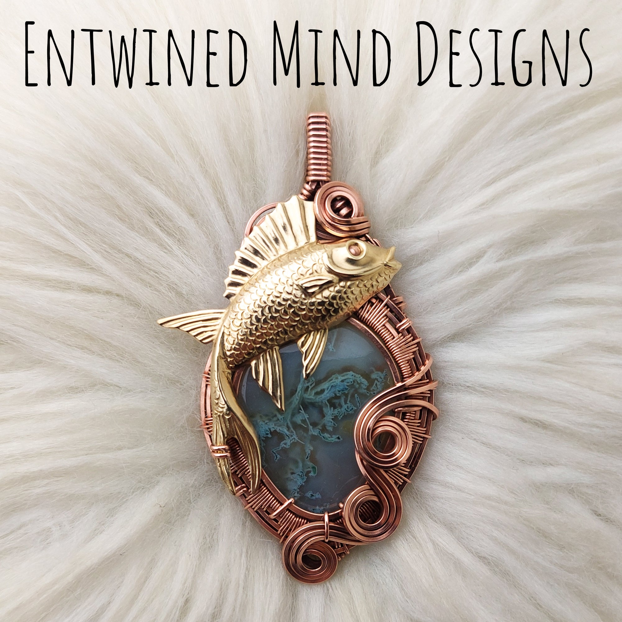 Moss Agate And Fish  Copper Statement Pendant