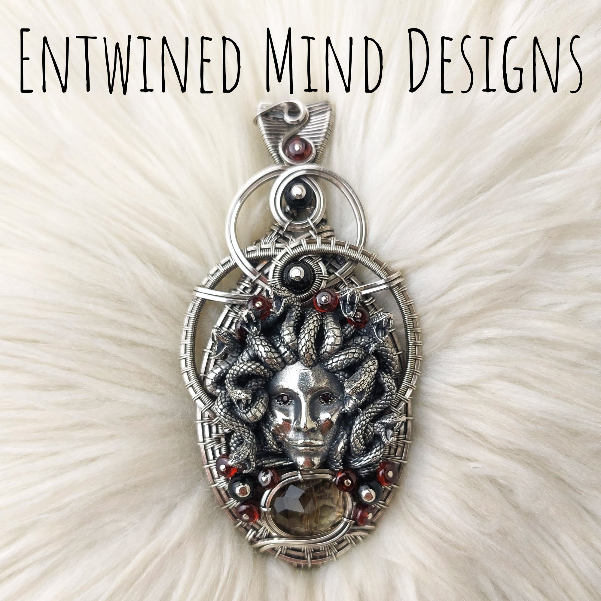 "Medusa" Citrine, Ruby, and Black Onyx Pendant In Sterling Silver