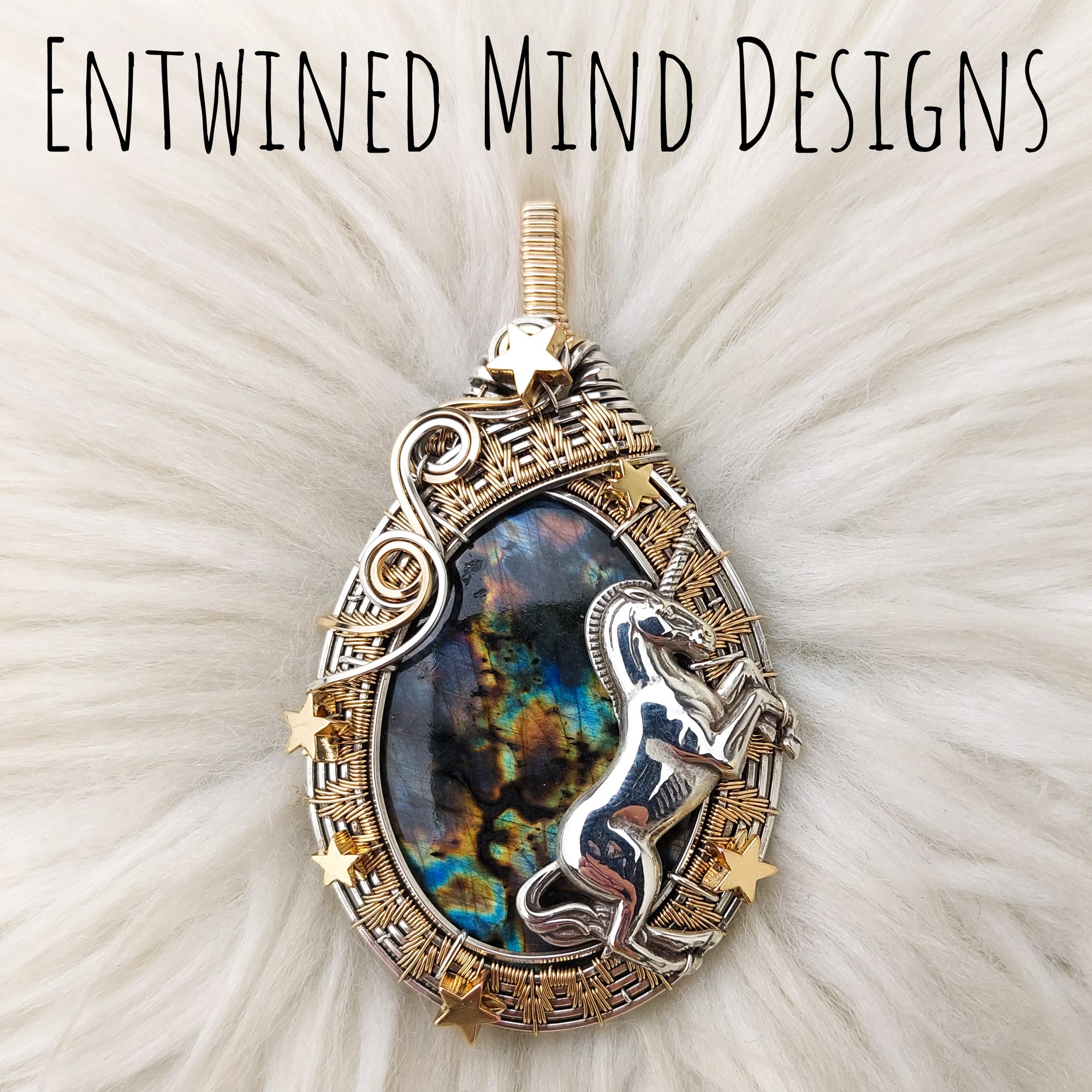 Unicorn and Labradorite Statement Pendant In Sterling Silver and 14k gold fill