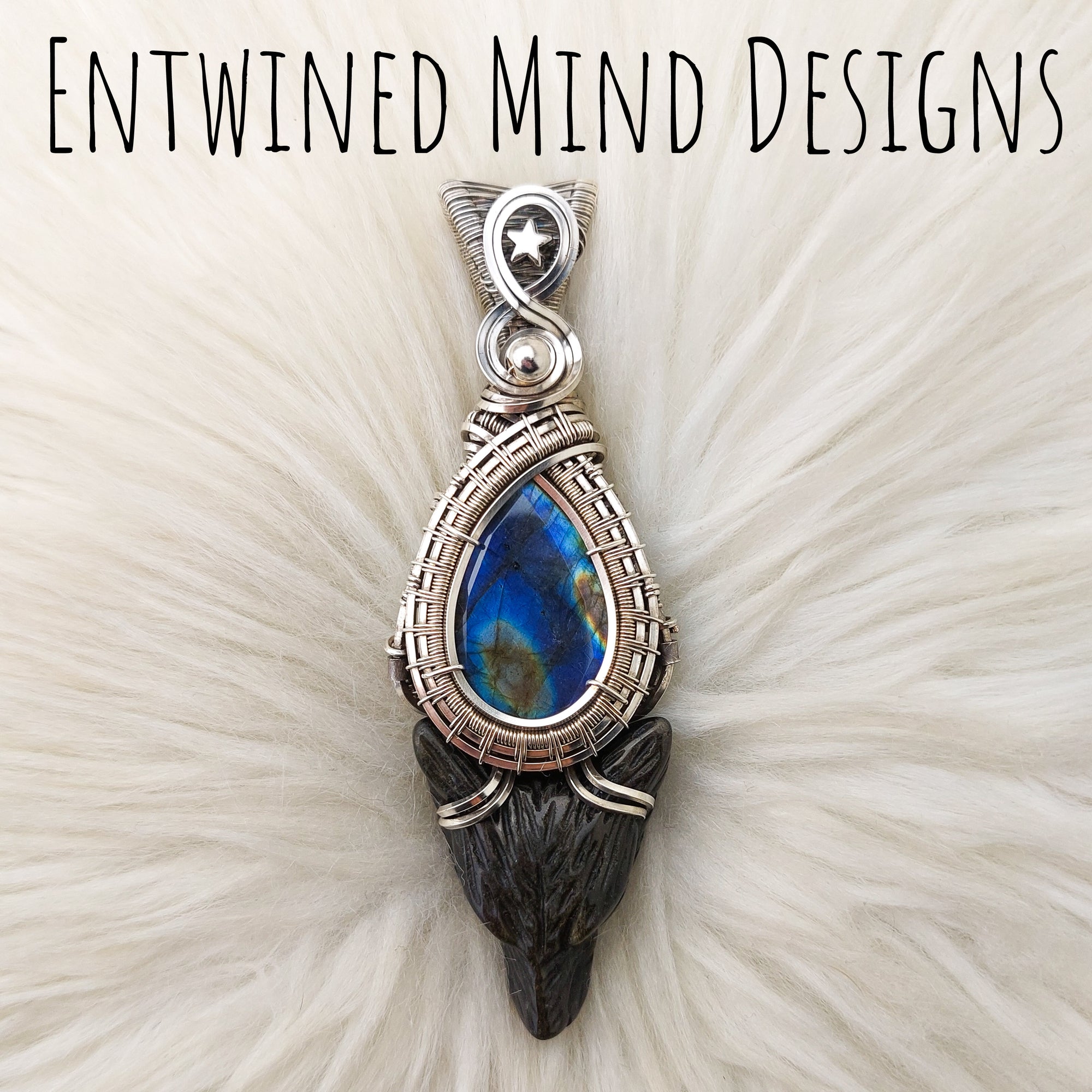 "Dire Wolf" Labradorite and Silver Sheen Obsidian Wolf Pendant In Sterling Silver