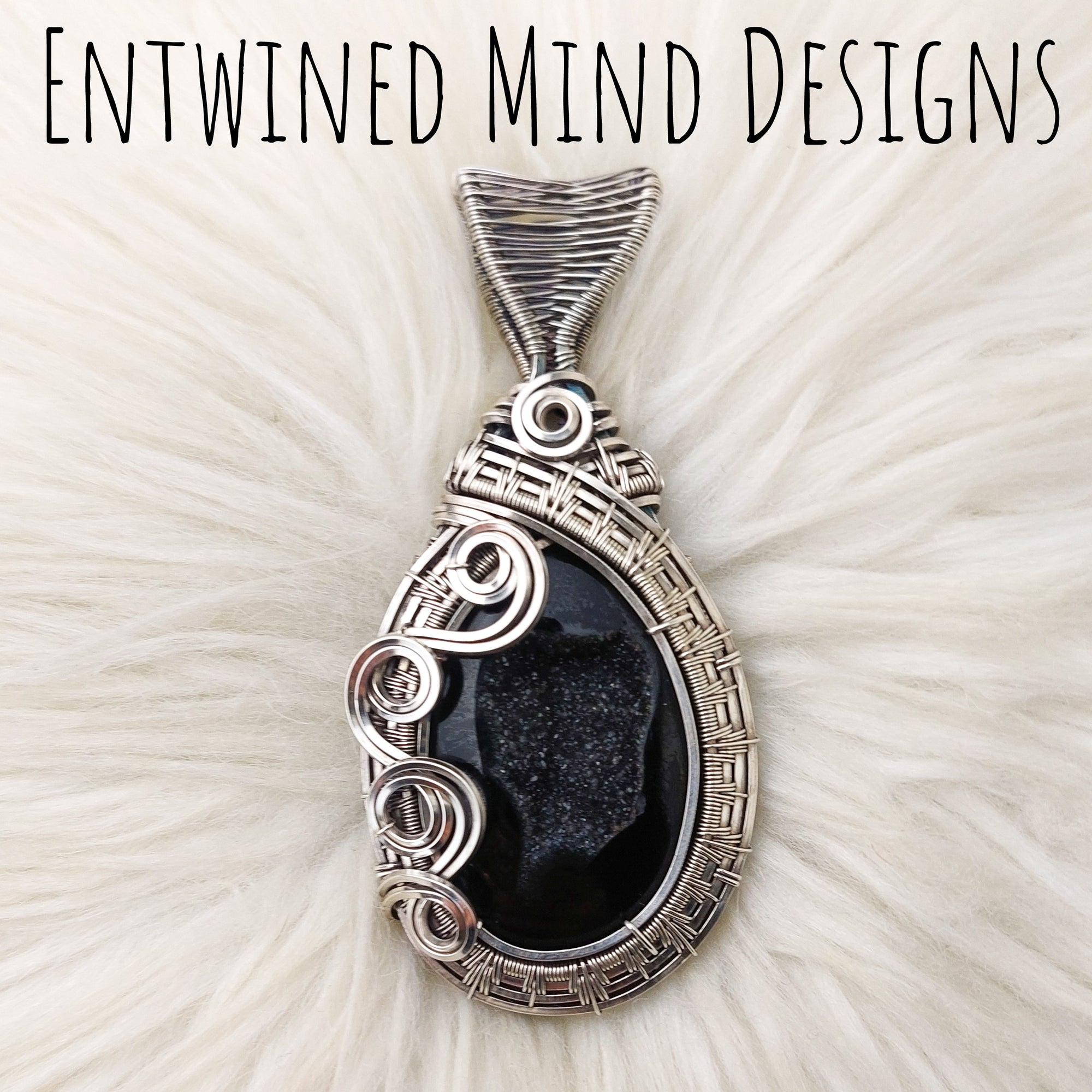 "Wolf Moon" Large Black Druzy Agate And Sterling Silver Statement Pendant