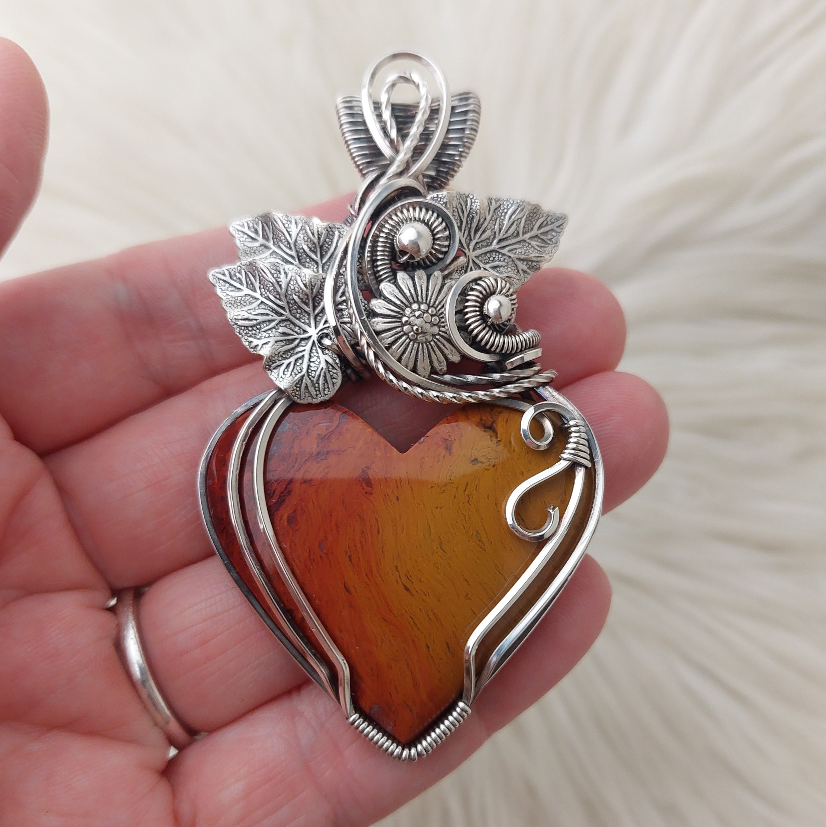 Artisan Cut Red/Yellow Jasper Wire Wrapped Sterling Silver Heart