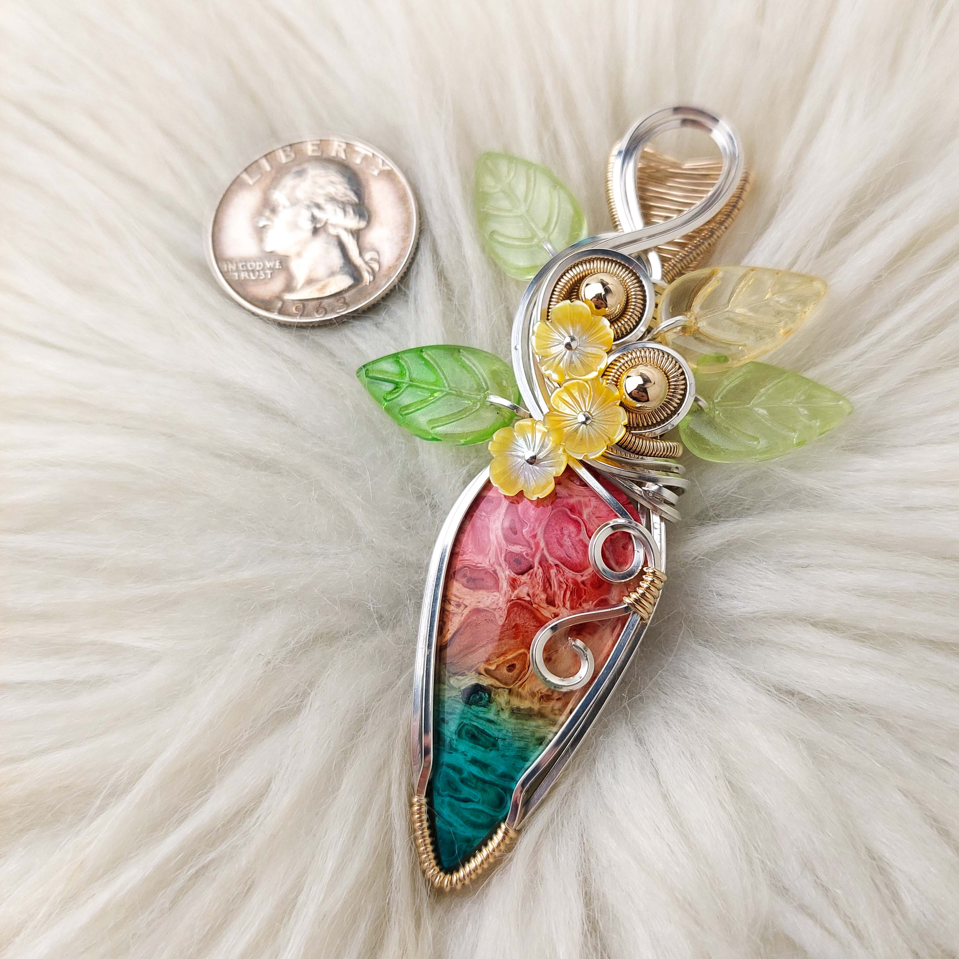 Dyed Fossilized Palm Root, Sterling Silver, and 14k Goldfilled