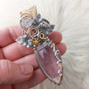 "Rose Rose" Rose Quartz Statement Pendant In Sterling Silver And 14k Goldfilled Wire