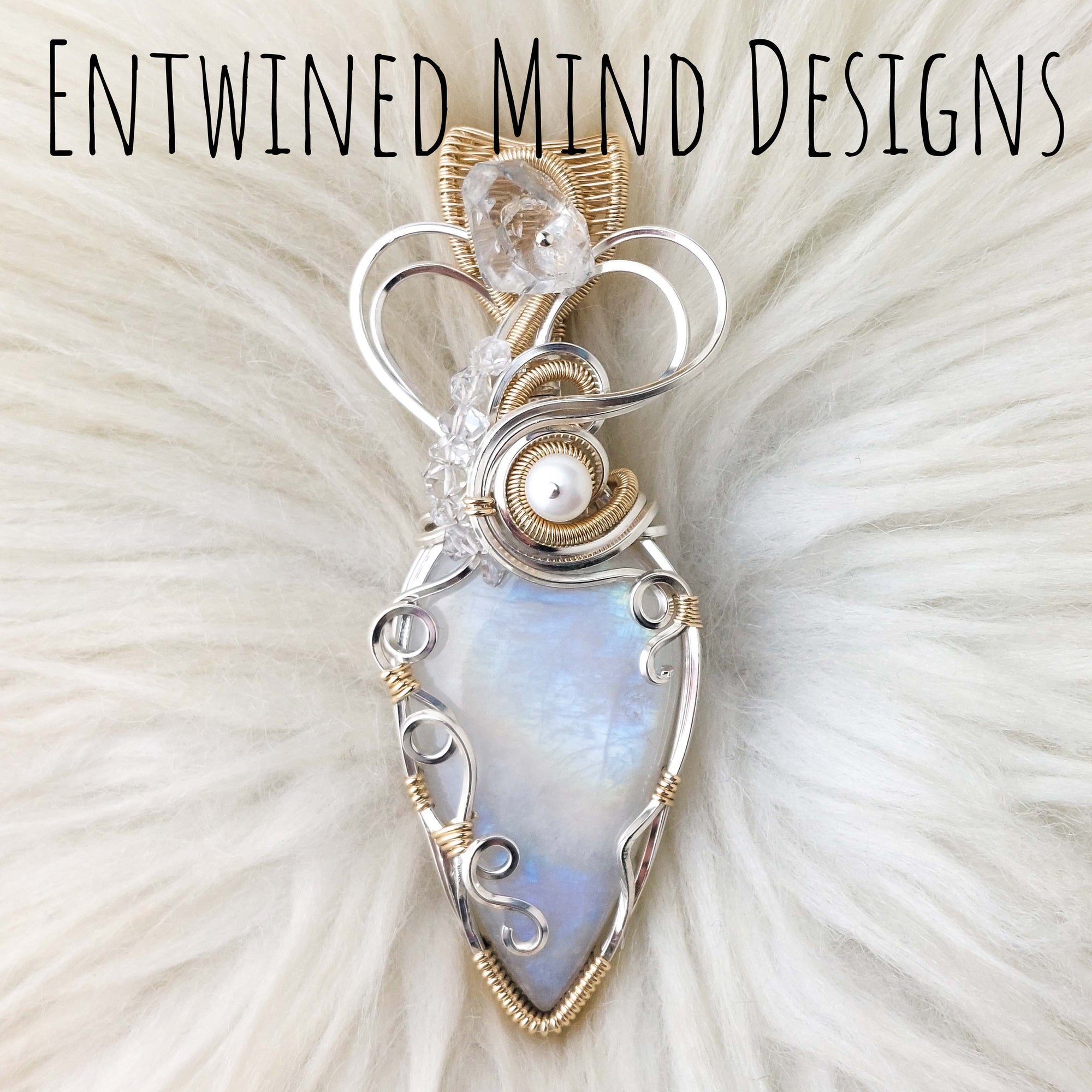 "Wondering Moon" Moonstone Statement Pendant In Sterling Silver And 14k Goldfilled Wire