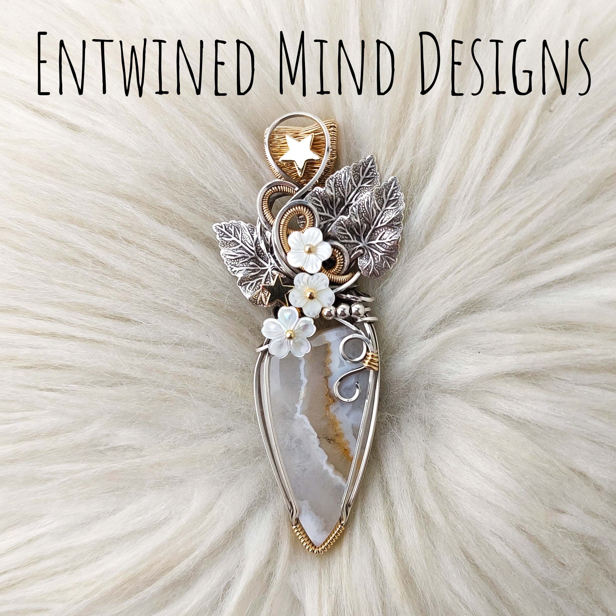 Lace Agate Sterling Silver and 14k Goldfilled Large Statement Pendant