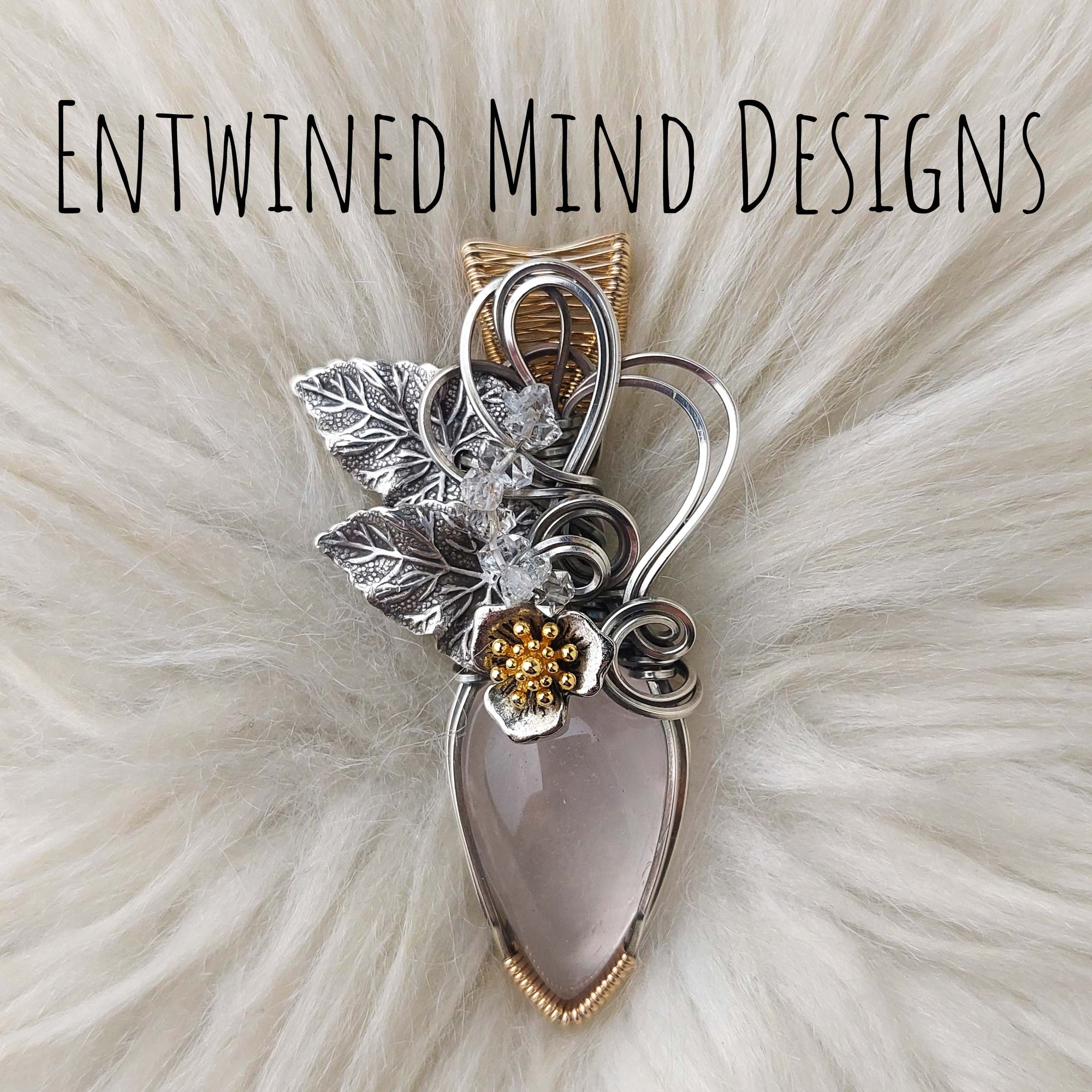 "Blossom" Rose Quartz Statement Pendant In Sterling Silver And 14k Goldfilled Wire