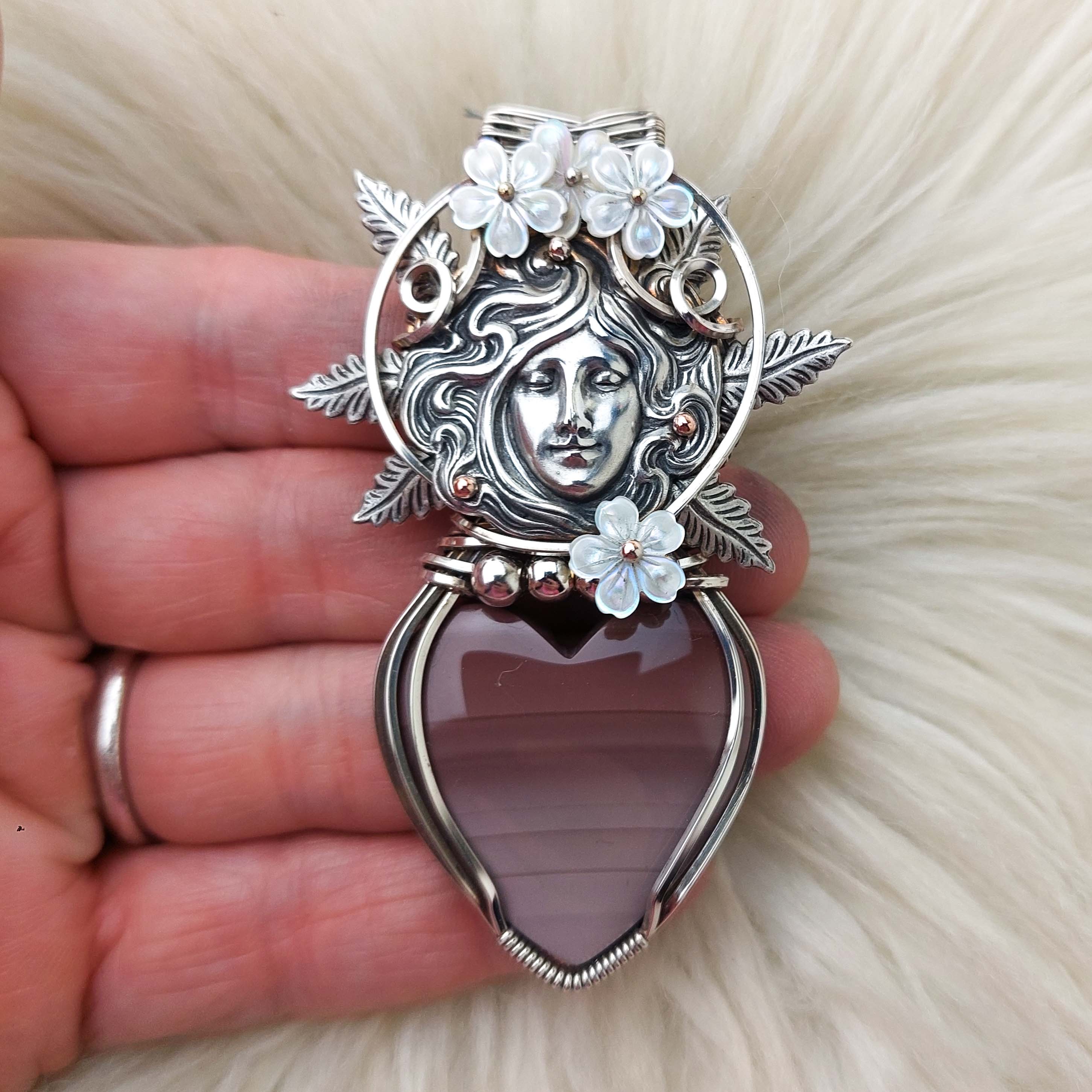 Imperial Jasper Goddess And Sterling Silver Heart Pendant