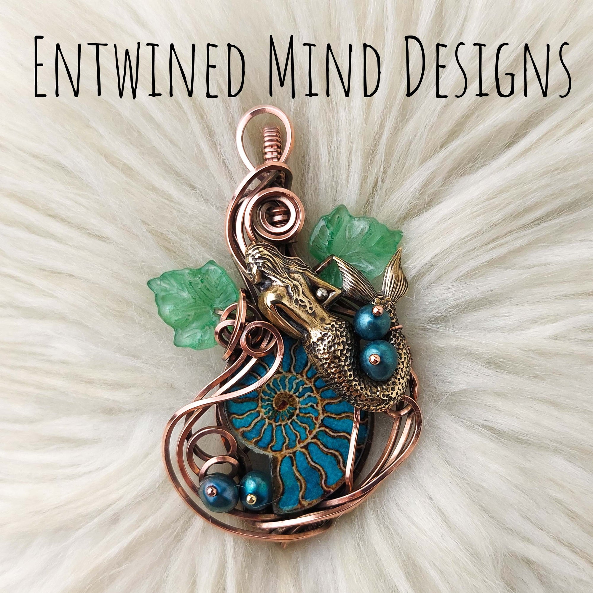 Mermaid And Glass Ammonite Pendant In Copper