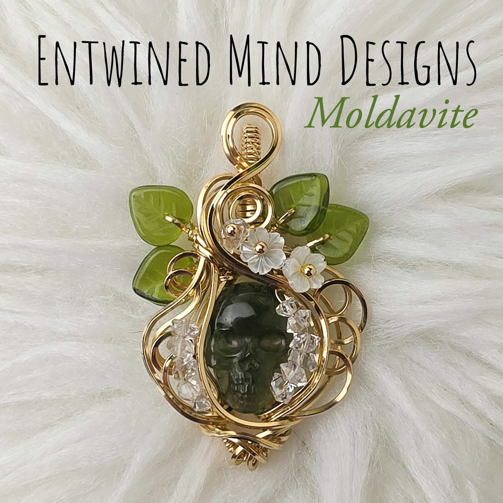 Moldavite Skull And Herkimer Diamond 14k Gold Filled Statement Pendant