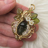 Moldavite Skull And Herkimer Diamond 14k Gold Filled Statement Pendant