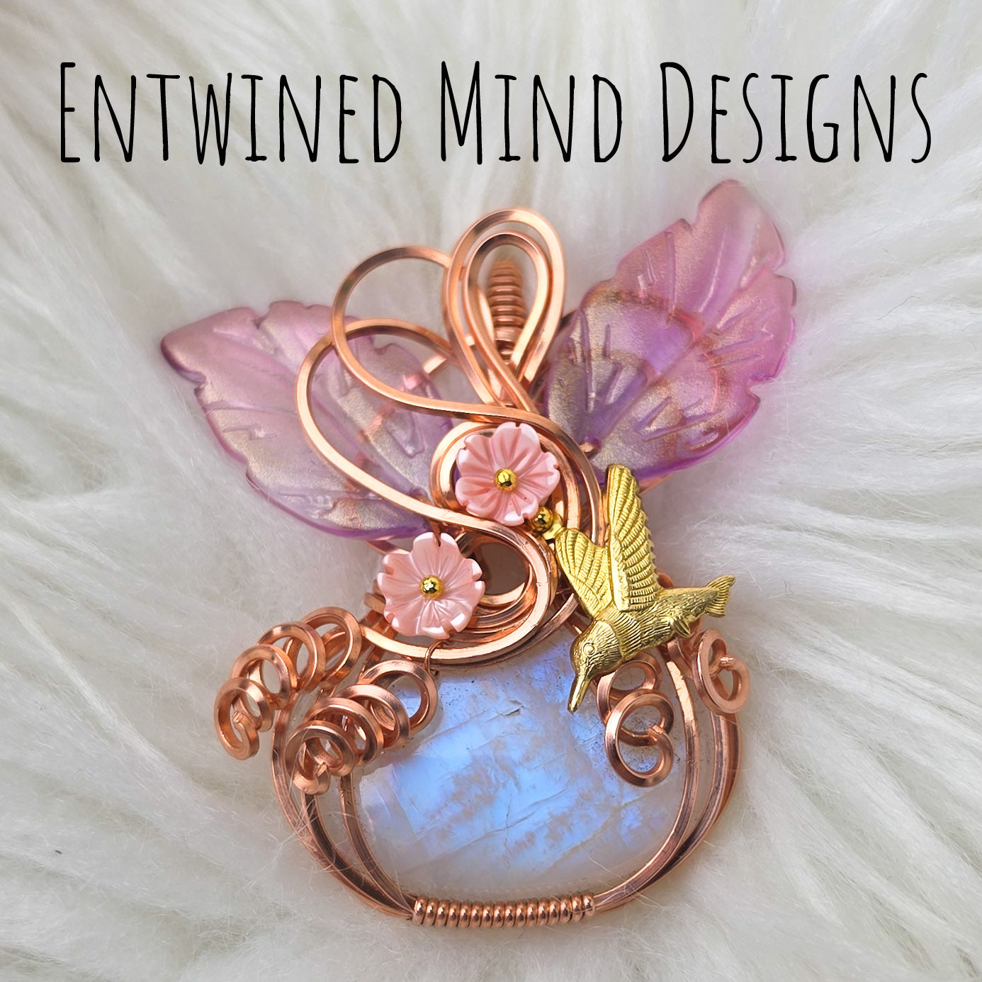 Moonstone Pumpkin With Hummingbird Pendant In Copper