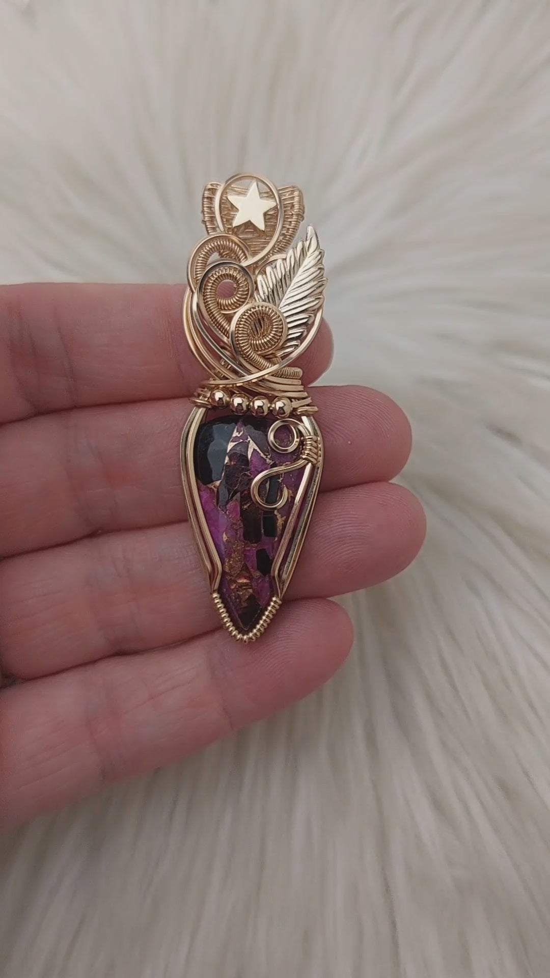 Artisan Cut Dark Pink Dahlia Turquoise And 14k Goldfilled Pendant